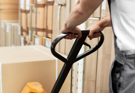 Close up photo of a man pulling a trolley with boxes on it inside a warehouse