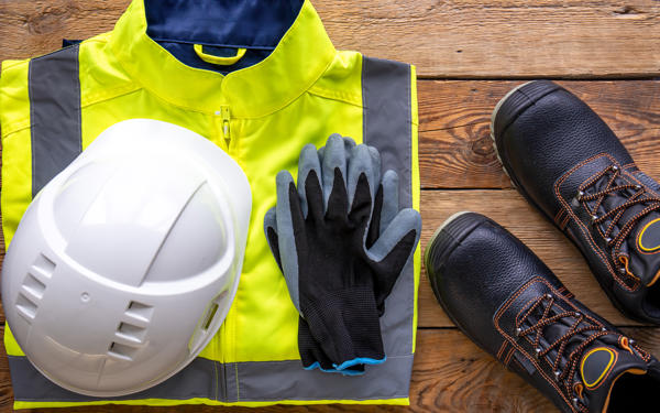 Photo of various items of protective clothing arranged on a wooden table top