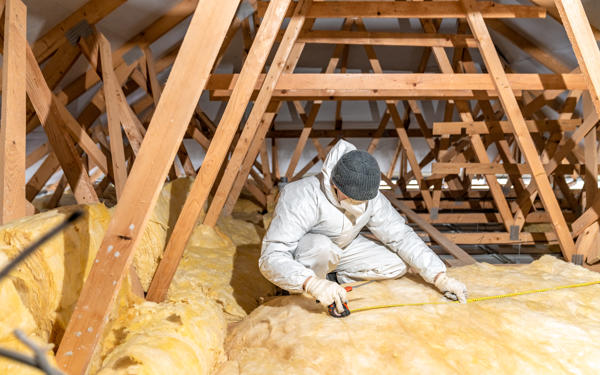 Photo of a man in protective clothing fitting loft insulation