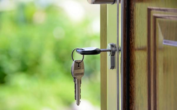 Close up photo of a key inserted in a door lock. We can see a garden in the background where the door is open