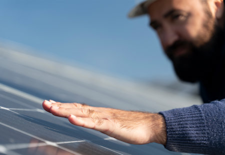 Close up photo of a man inspecting solar panels on a roof